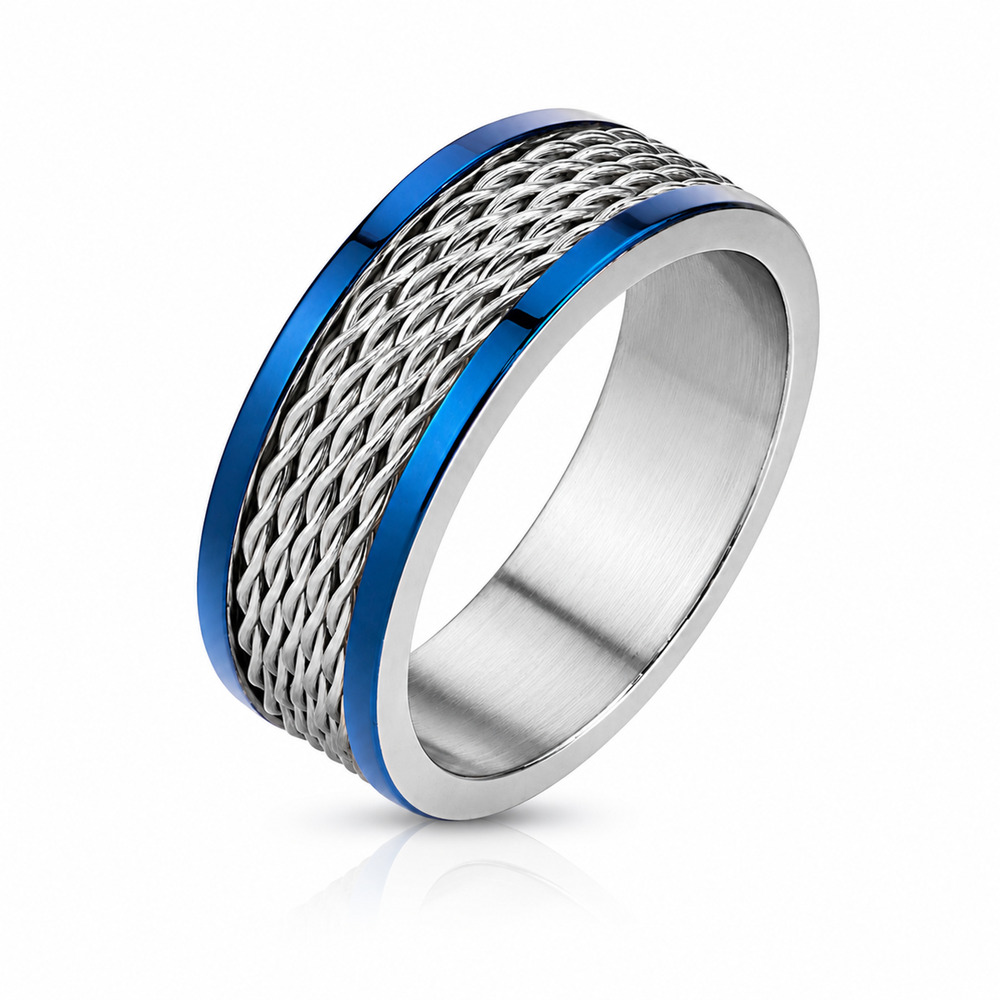 Men’s 8mm Multi Wire 316L Stainless Steel Band Ring Blue Edge Band size 13